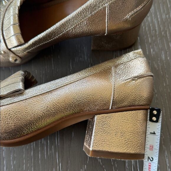 Franco Sarto Gold Block Heel Loafers Fringe Studs Embellished Shoes Size 6.5 EUC - Picture 6 of 12